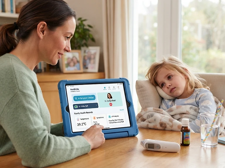 A mother using Health Me on a tablet to check her child's symptoms at home