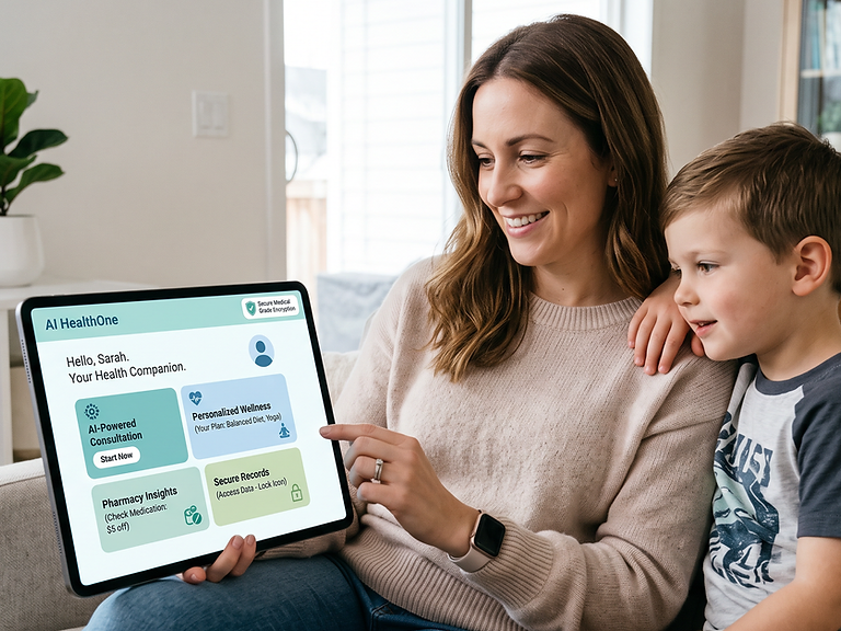 AI HealthOne interface on a tablet β consultations, wellness, pharmacy and secure records