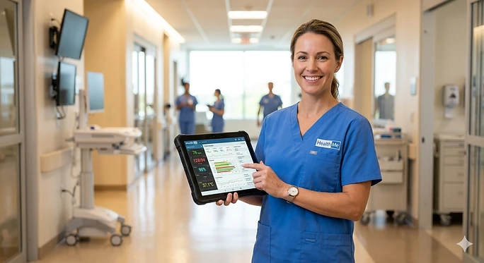 HealthMe clinician reviewing real-time patient vitals and status on a ruggedized tablet in a hospital corridor