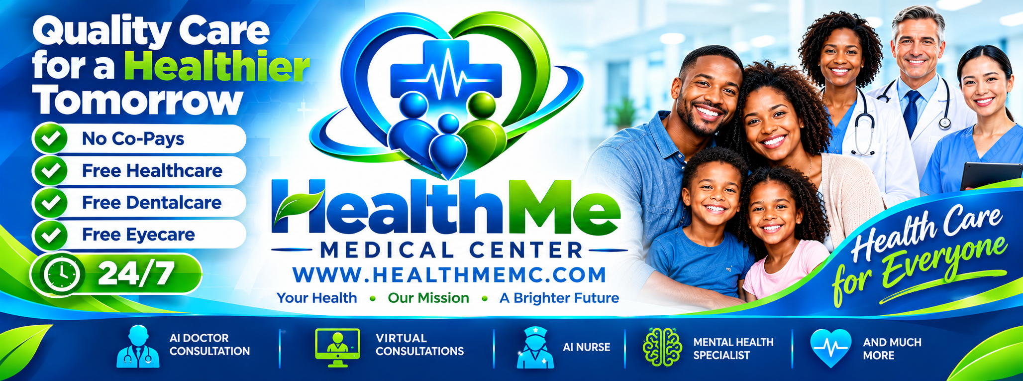 Health Me Medical Center β Quality Care for a Healthier Tomorrow. No co-pays, free healthcare, free dental care, free eye care, and 24/7 access. AI doctor consultation, virtual consultations, AI nurse, mental health specialist, and much more.
