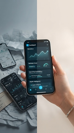 Health Me dark mobile dashboard with biometrics and wellness score